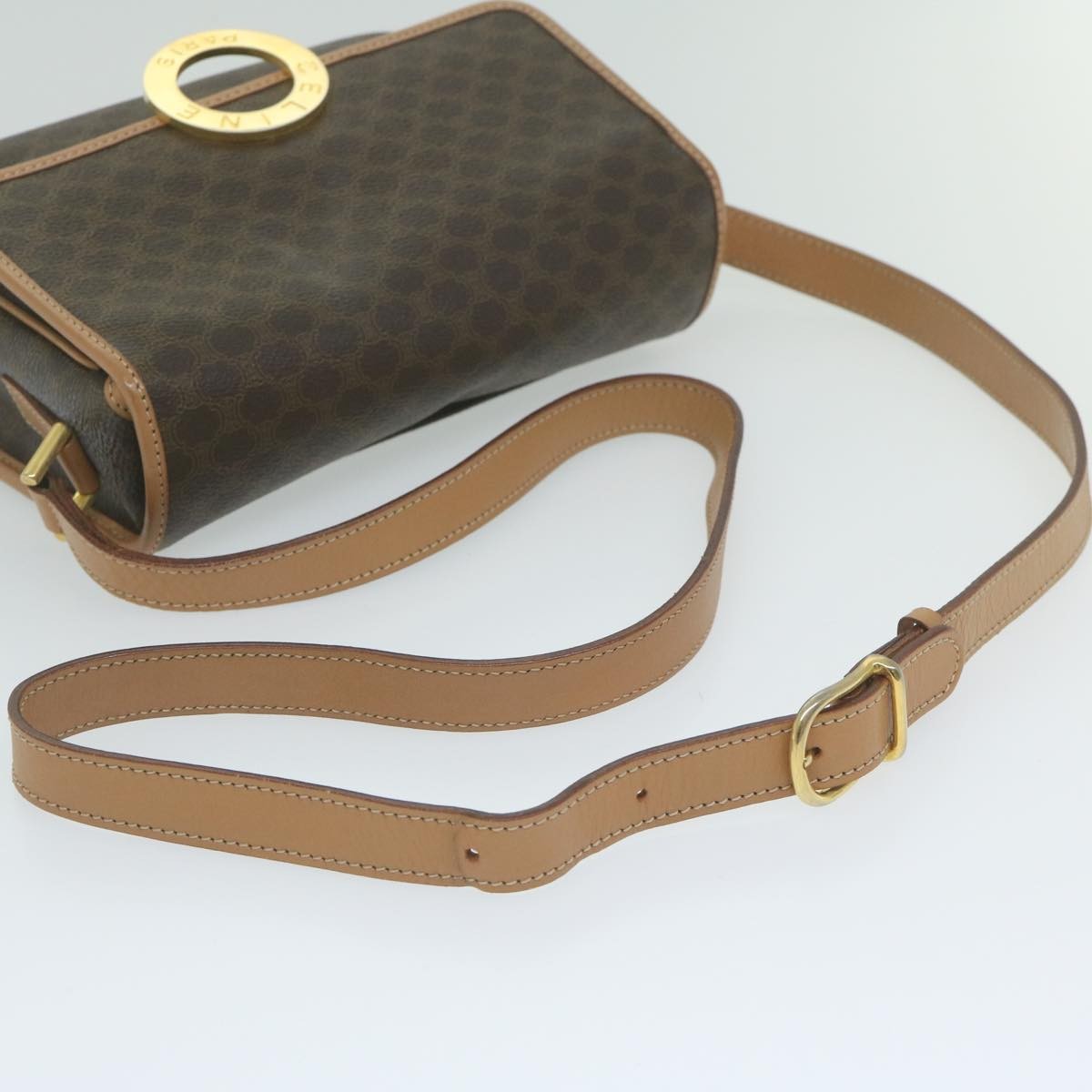 Celine Vintage Macadam Circle Logo Shoulder Bag Canvas and Leather, Brown, Canvas, Shoulder Bag