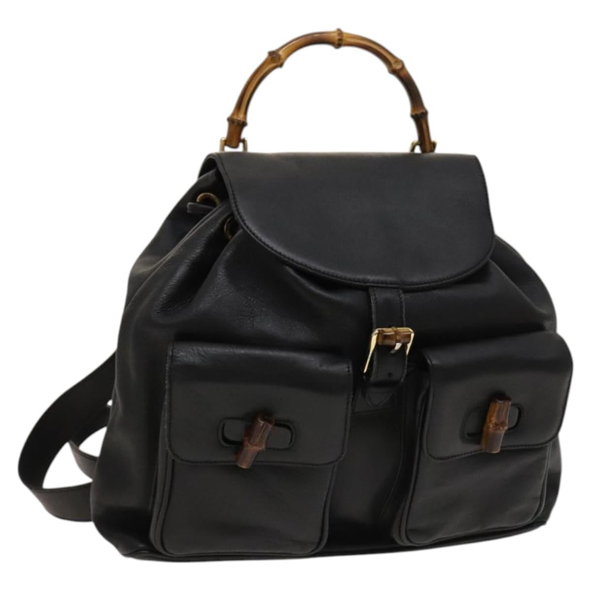 Gucci Vintage Bamboo Backpack Leather, Black, Leather, Backpack