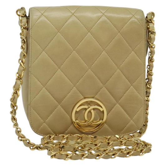 Chanel Logo Chain Shoulder Bag Leather, BEIGE, LEATHER, Shoulder bag