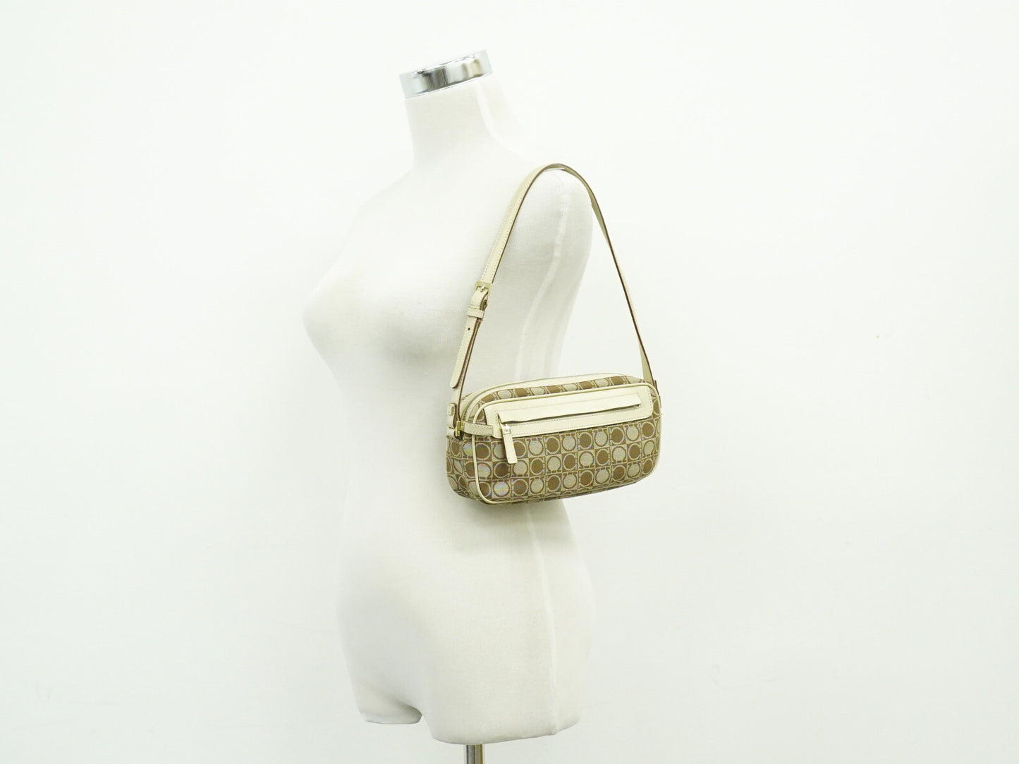 Salvatore Ferragamo Gancini Shoulder Bag Canvas, BEIGE, CANVAS, Shoulder bag