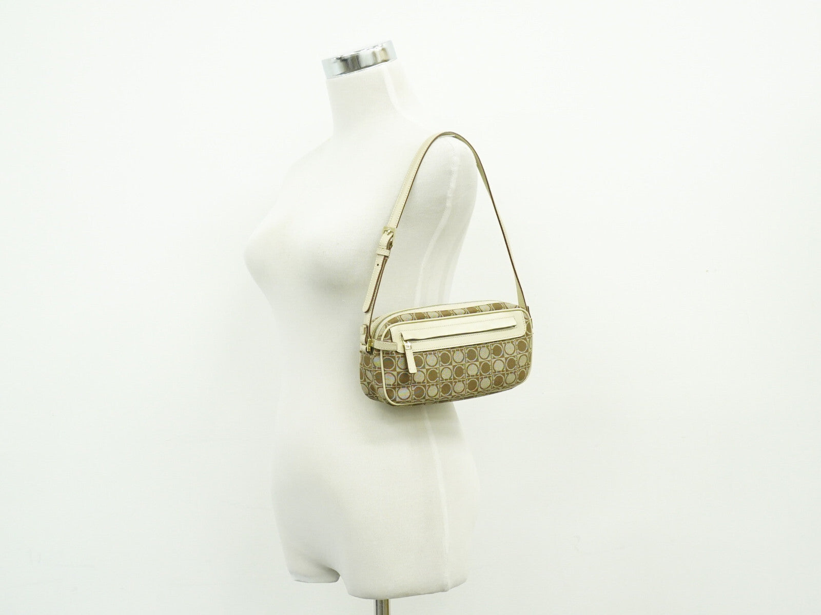 Salvatore Ferragamo Gancini Shoulder Bag Canvas, BEIGE, CANVAS, Shoulder bag