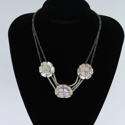 Chanel Camellia CC Long Necklace Metal with Faux Pearls, SILVER, METAL, Necklace