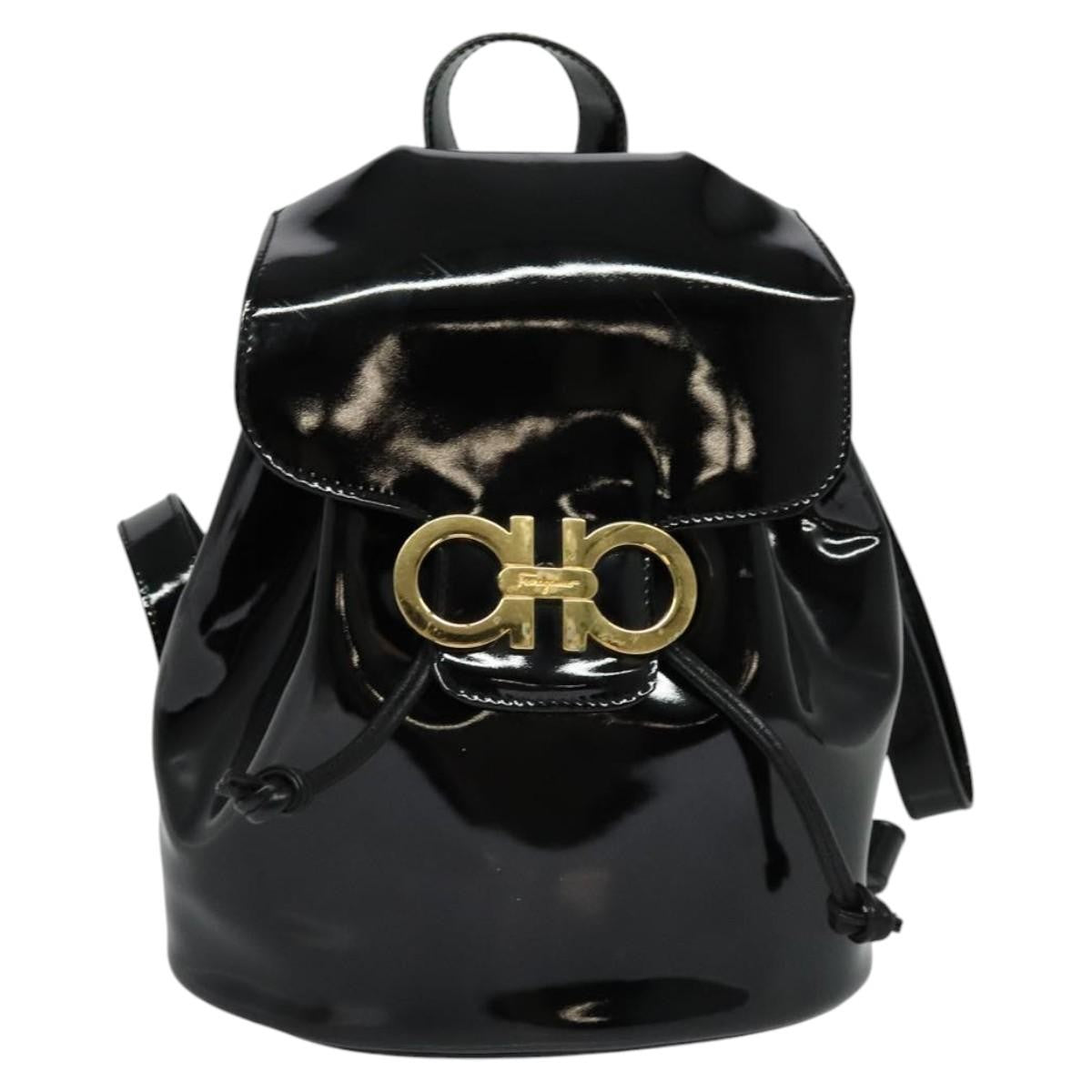 Salvatore Ferragamo Gancini Flap Drawstring Backpack Patent leather, BLACK, PATENT_LEATHER, Backpack