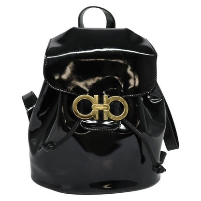 Salvatore Ferragamo Gancini Flap Drawstring Backpack Patent leather, BLACK, PATENT_LEATHER, Backpack