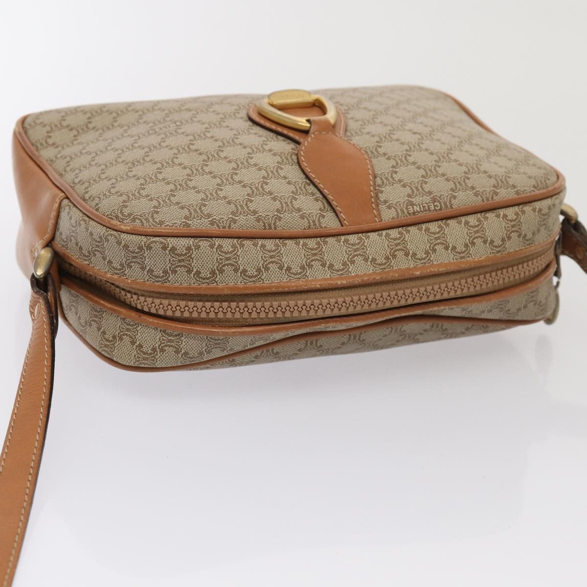 Celine Vintage Macadam Shoulder Bag Canvas and Leather, BEIGE, CANVAS, Shoulder bag
