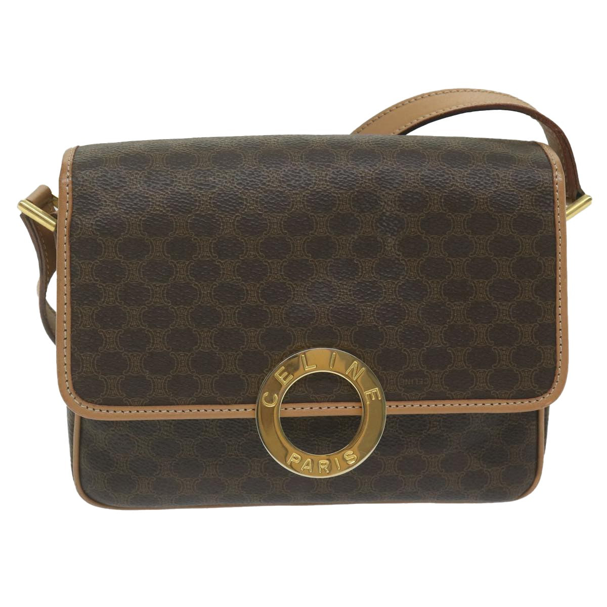 Celine Vintage Macadam Circle Logo Shoulder Bag Canvas and Leather, Brown, Canvas, Shoulder Bag