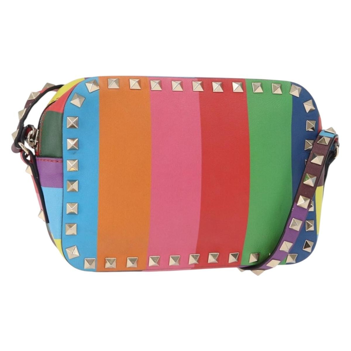 Valentino Garavani Rockstud 1973 Camera Crossbody Bag Striped Leather, GOLD, LEATHER, Shoulder bag