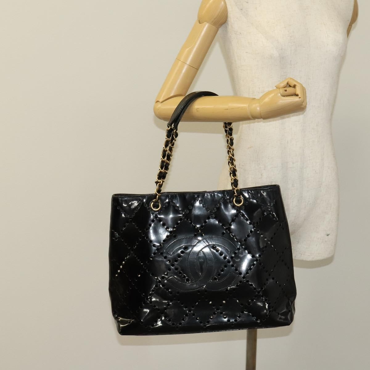 Chanel CC Chain Tote Perforated Patent, BLACK, PATENT_LEATHER, Tote bag