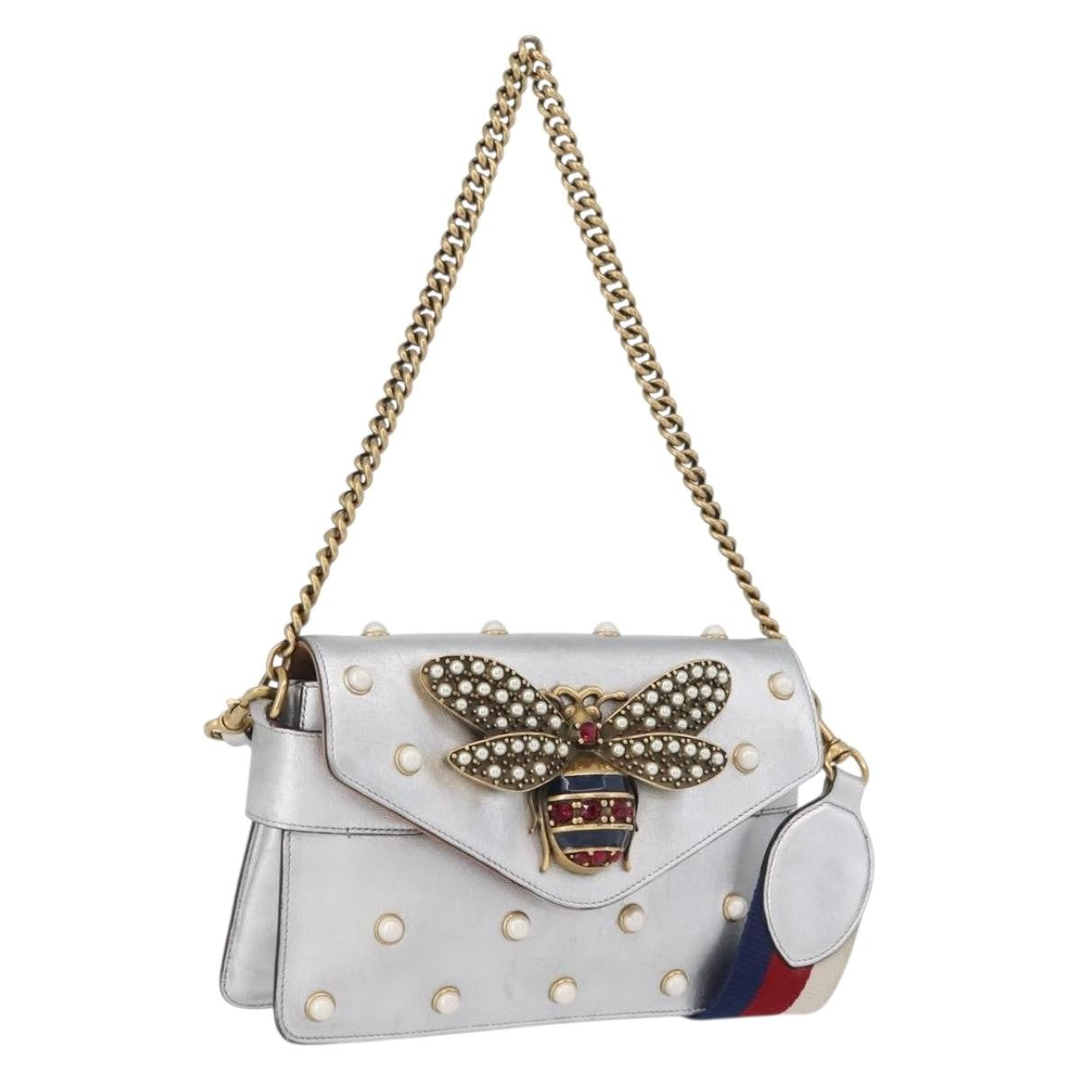 Gucci Broadway Pearly Bee Shoulder Bag Embellished Leather, SILVER, LEATHER, Shoulder bag