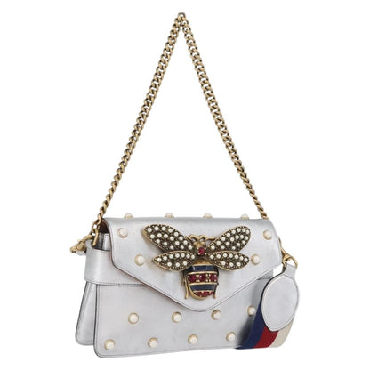 Gucci Broadway Pearly Bee Shoulder Bag Embellished Leather, SILVER, LEATHER, Shoulder bag
