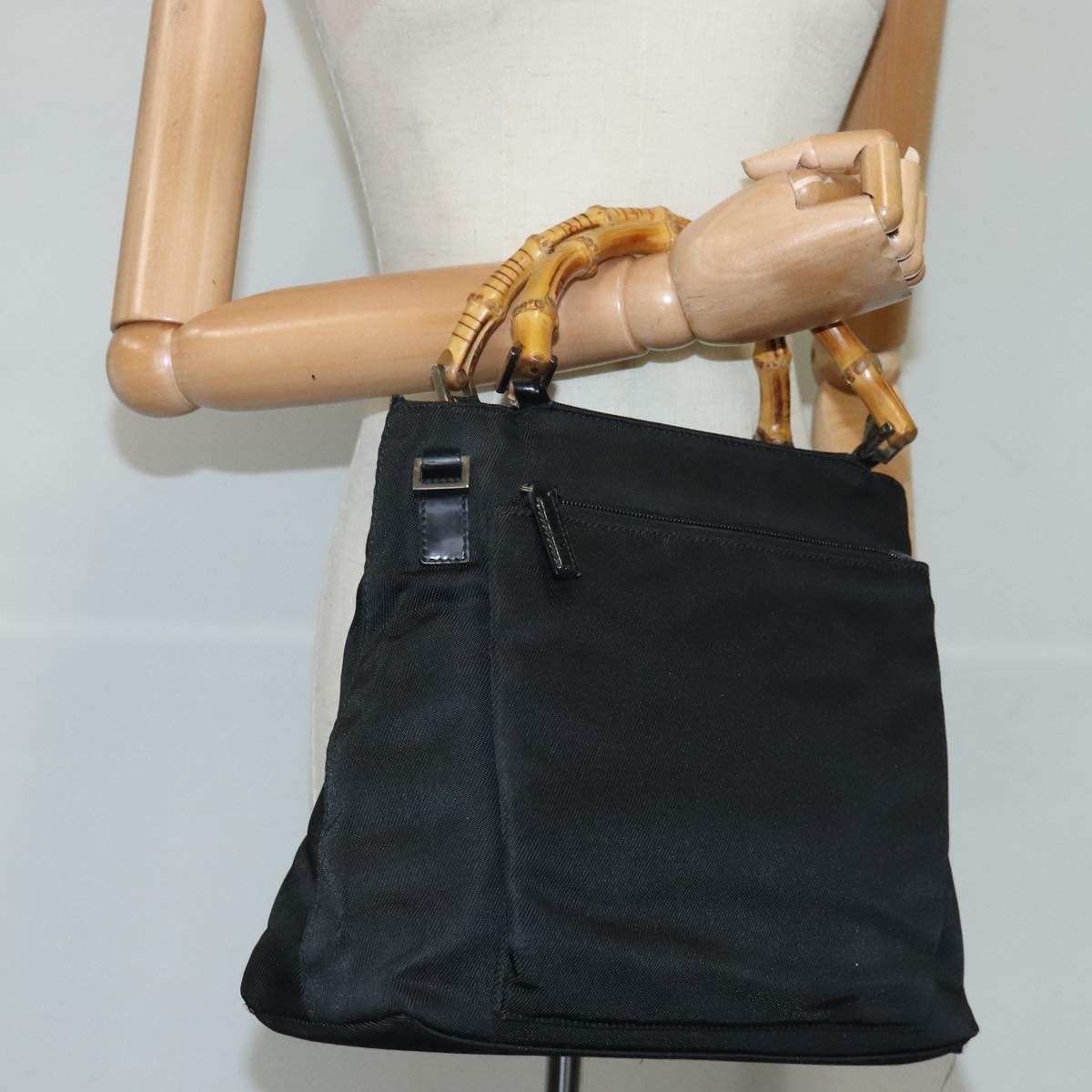 Gucci Bamboo Zip Pouch Nylon & Leather, BLACK, NYLON, Clutche & pouche