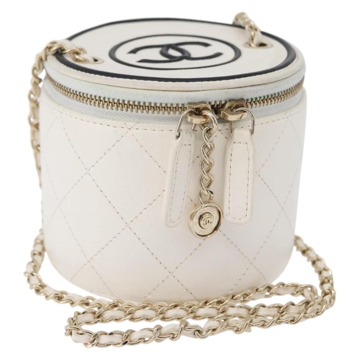 Chanel CC Round Vanity Case with Chain Quilted Lambskin, White, Leather, Clutch