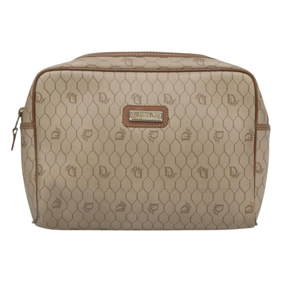 Christian Dior Vintage Honeycomb Zip Pouch Coated Canvas, BEIGE, CANVAS, Clutche & pouche