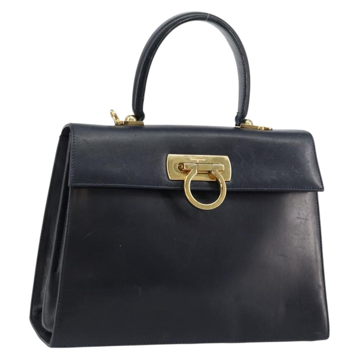 Salvatore Ferragamo Gancini Convertible Top Handle Bag Leather, NAVY, LEATHER, Handbag