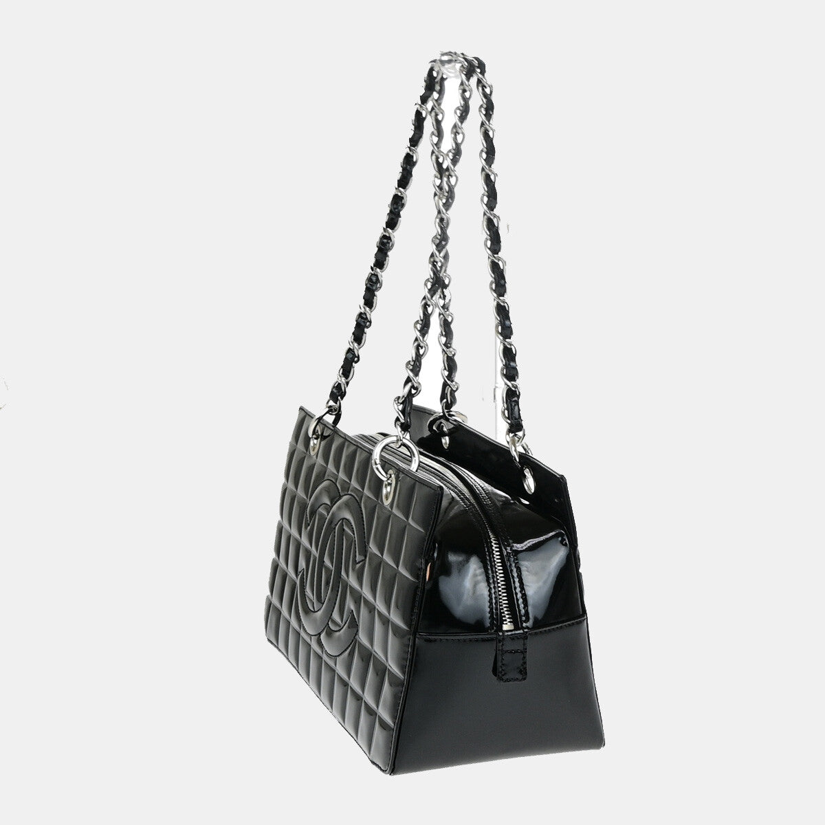 Chanel Chocolate Bar CC Zip Tote Quilted Patent, BLACK, PATENT_LEATHER, Shoulder bag