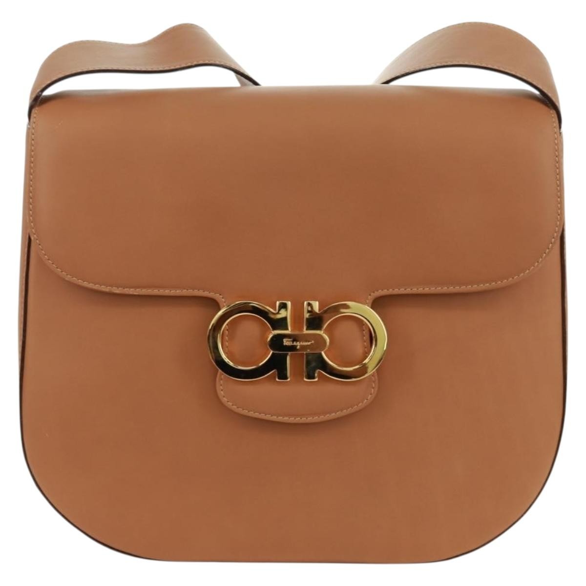 Salvatore Ferragamo Gancini Shoulder Bag Leather, BROWN, LEATHER, Shoulder bag
