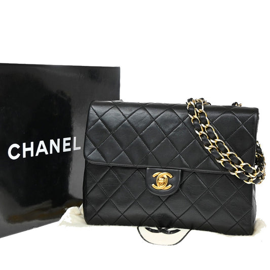 Chanel Vintage Square Classic Flap Bag Quilted Lambskin, BLACK, LEATHER, Shoulder bag