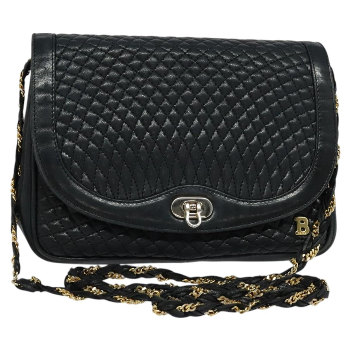 Bally Vintage Chain Shoulder Bag Quilted Leather, Navy, Leather, Shoulder Bag