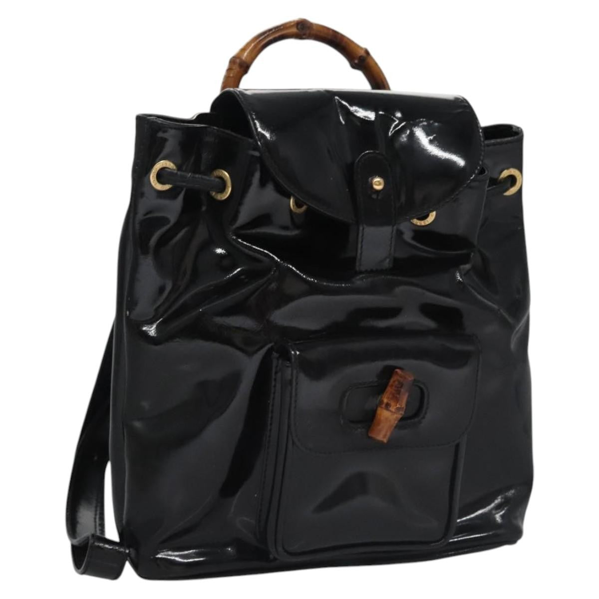 Gucci Vintage Bamboo Backpack Patent, BLACK, PATENT_LEATHER, Backpack