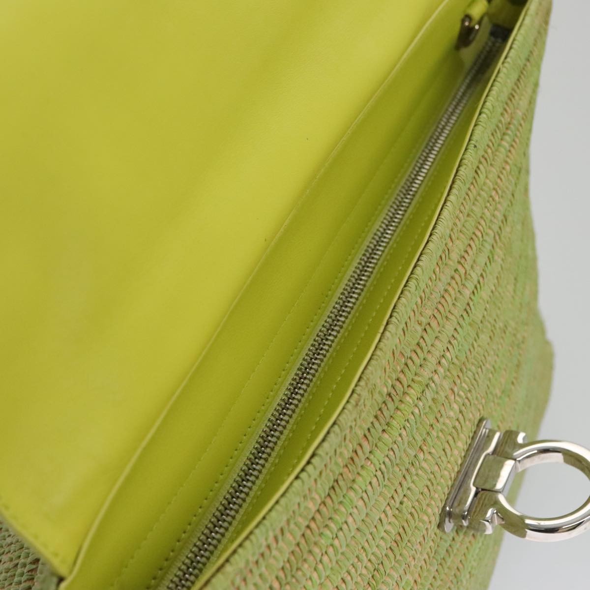 Salvatore Ferragamo Sofia Satchel Raffia with Leather, GREEN, WOOD, Handbag