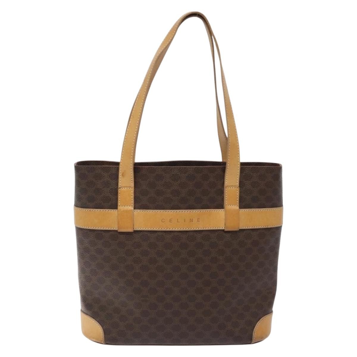 Celine Vintage Macadam Shoulder Bag Leather, BROWN, PVC,LEATHER,CANVAS, Shoulder bag