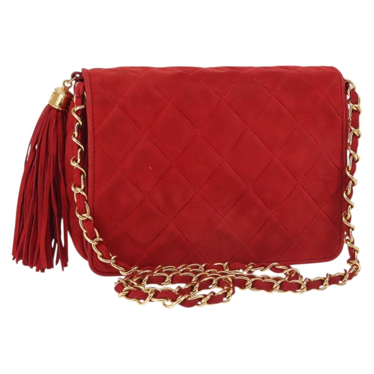 Chanel Vintage Tassel Full Flap Shoulder Bag Quilted Suede, RED, SUEDE, Shoulder bag