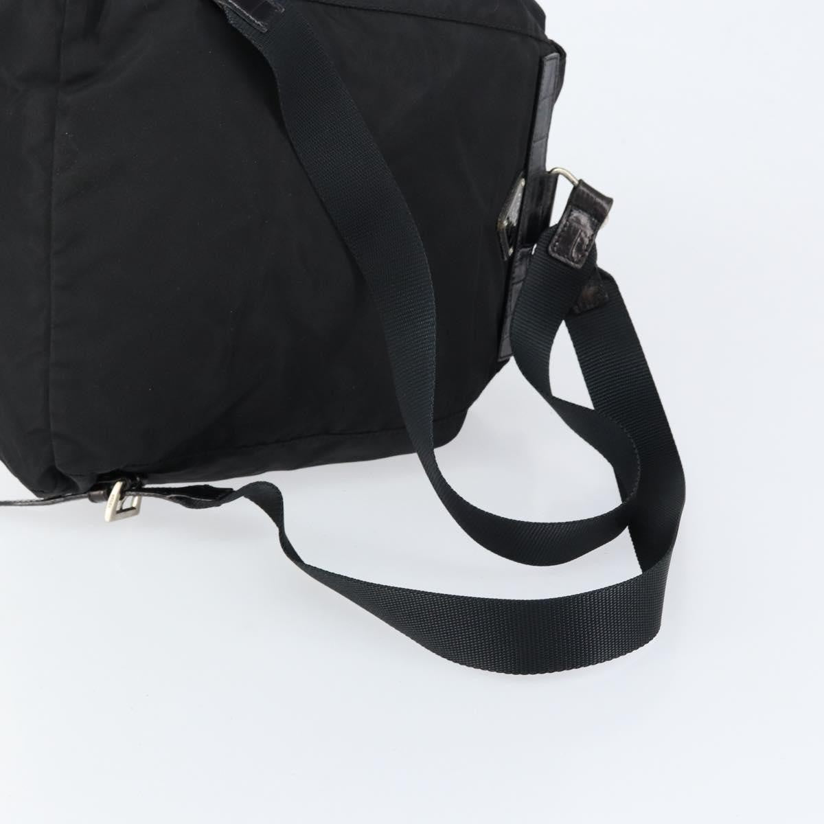 Prada Cinch Buckle Flap Backpack Tessuto with Crocodile Embossed Leather, BLACK, NYLON, Backpack