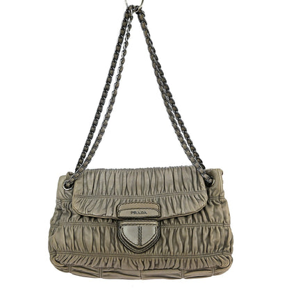 Prada Gaufre Chain Flap Shoulder Bag Nappa Leather, GRAY, LEATHER, Shoulder bag