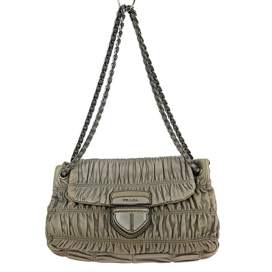 Prada Gaufre Chain Flap Shoulder Bag Nappa Leather, GRAY, LEATHER, Shoulder bag