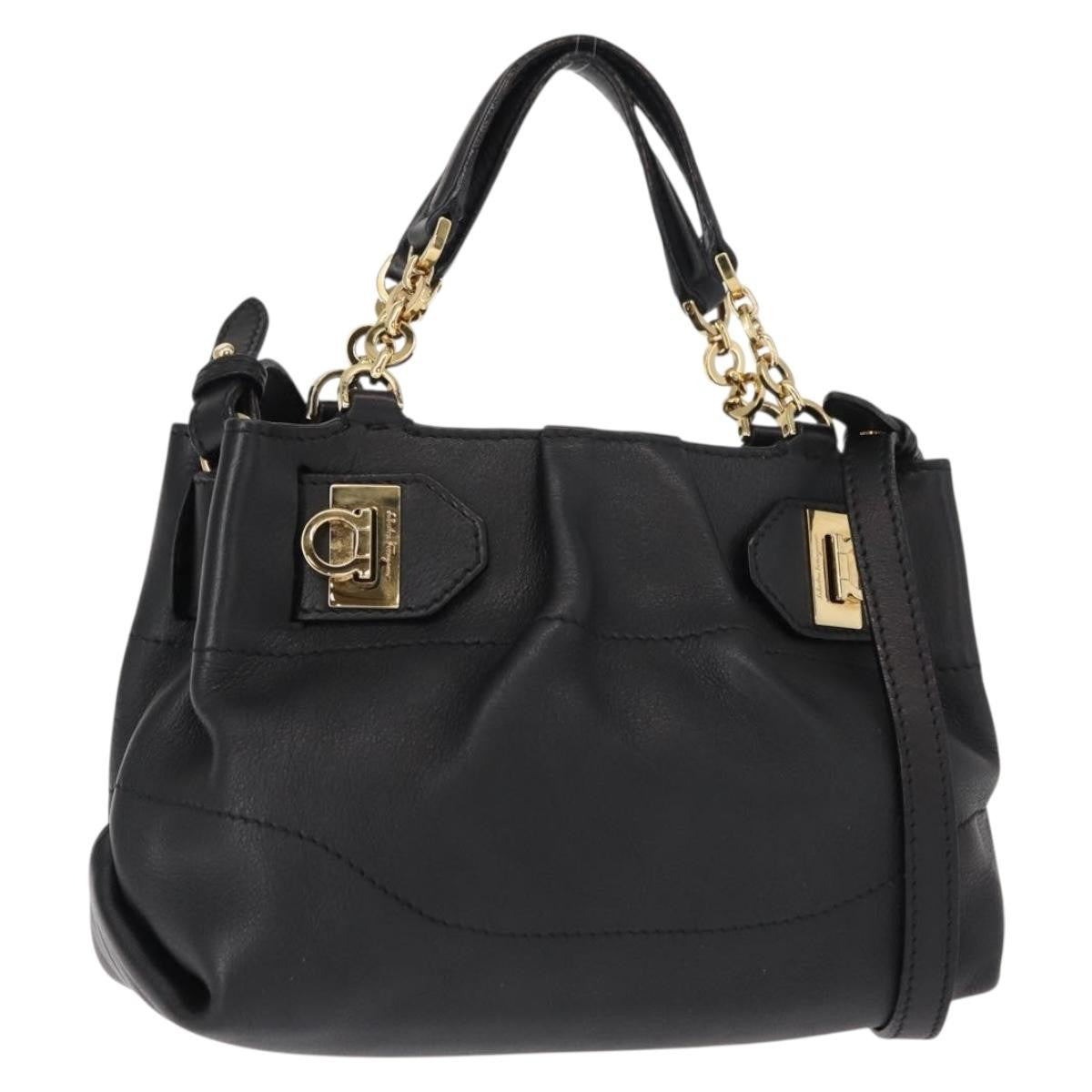 Salvatore Ferragamo W Chain Tote Leather, BLACK, LEATHER, Handbag