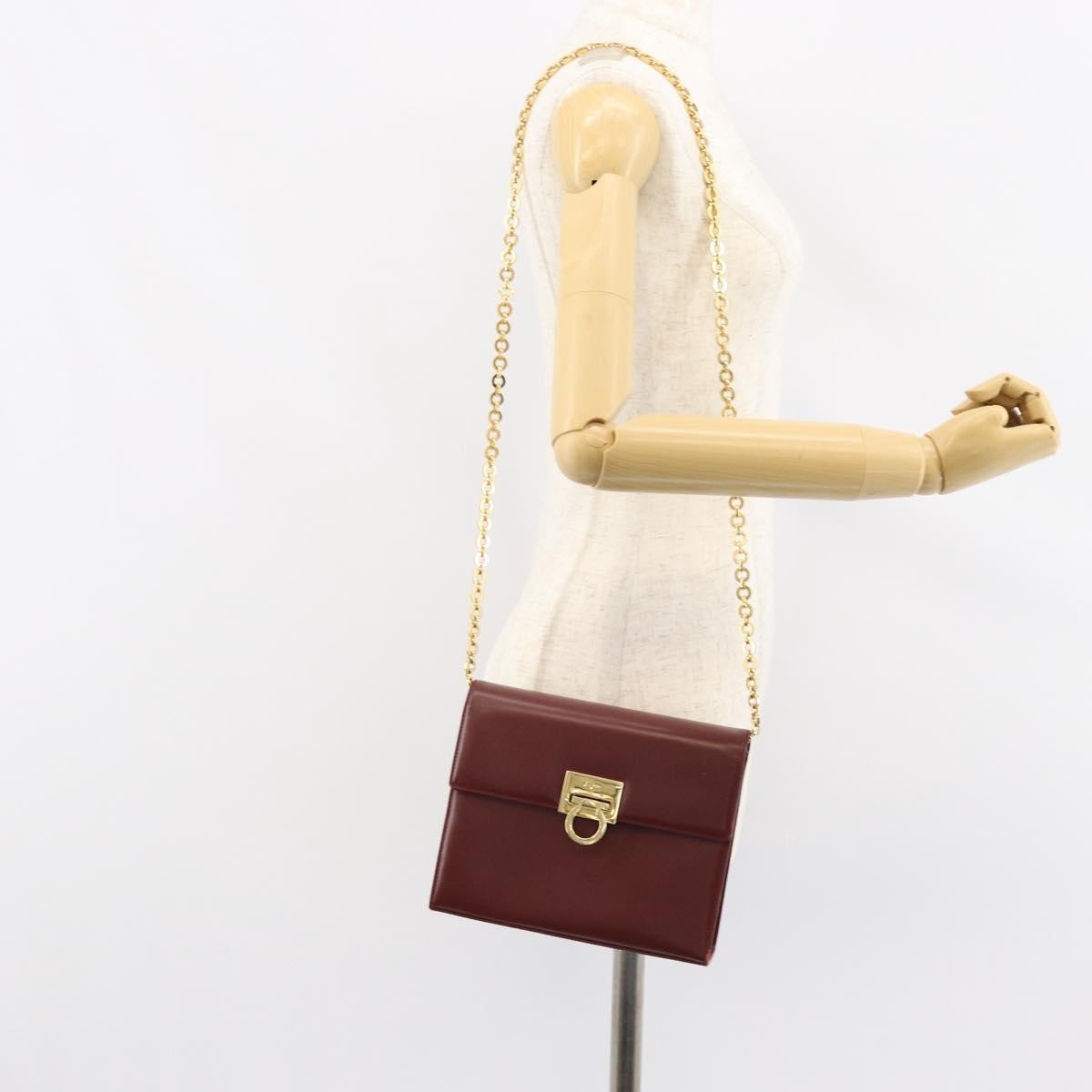 Salvatore Ferragamo Vintage Gancini Chain Shoulder Bag Leather, BURGUNDY, LEATHER, Shoulder bag