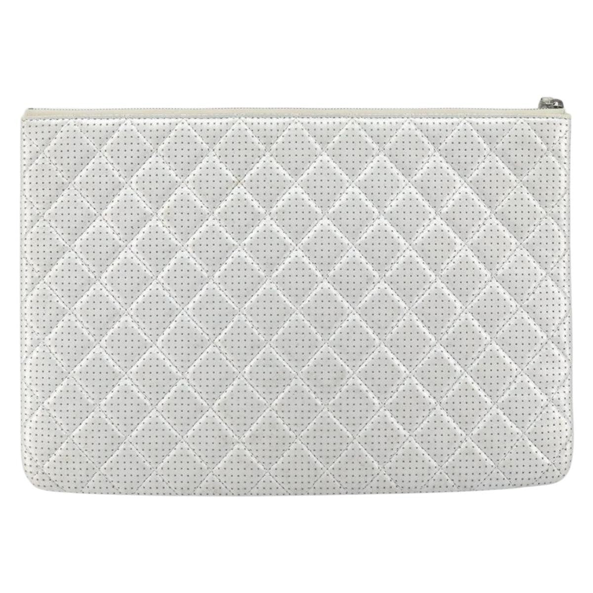 Chanel O Case Clutch Quilted Perforated Lambskin, SILVER, LEATHER, Clutche & pouche