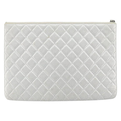 Chanel O Case Clutch Quilted Perforated Lambskin, SILVER, LEATHER, Clutche & pouche