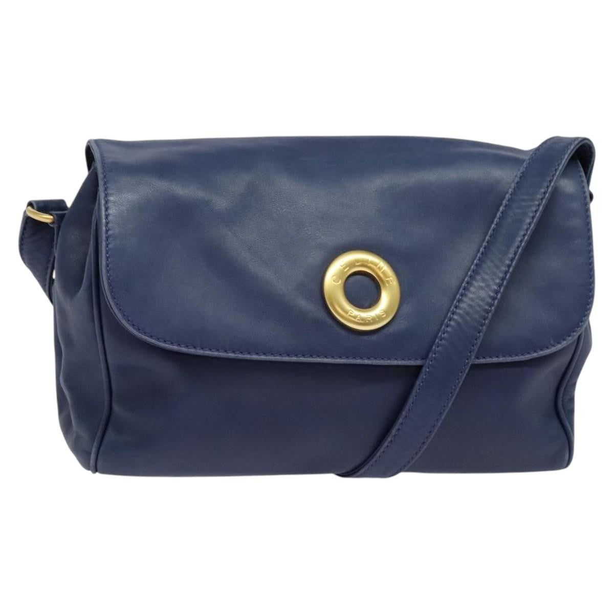 Celine Circle logo Leather, NAVY, LEATHER, Shoulder bag