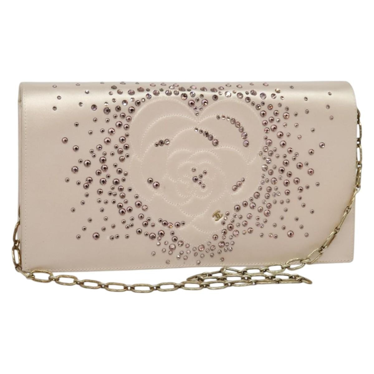 Chanel Camellia Diamante Convertible Clutch Crystal Embellished Satin, PINK, SATIN, Shoulder bag