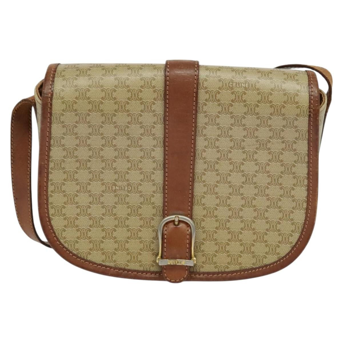 Celine Vintage Macadam Shoulder Bag Canvas and Leather, Beige, Canvas, Shoulder Bag