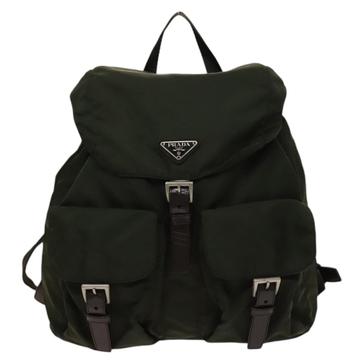 Prada Vela Double Front Pocket Backpack Tessuto with Saffiano Leather, Khaki, Nylon, Backpack