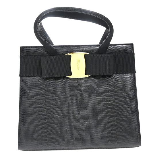 Salvatore Ferragamo Convertible Vara Bow Tote Lizard Embossed Leather, Black, Leather, Handbag