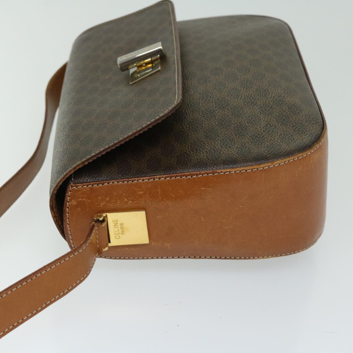 Celine Vintage Convertible Macadam Turnlock Shoulder Bag Canvas and Leather, BROWN, CANVAS, Shoulder bag