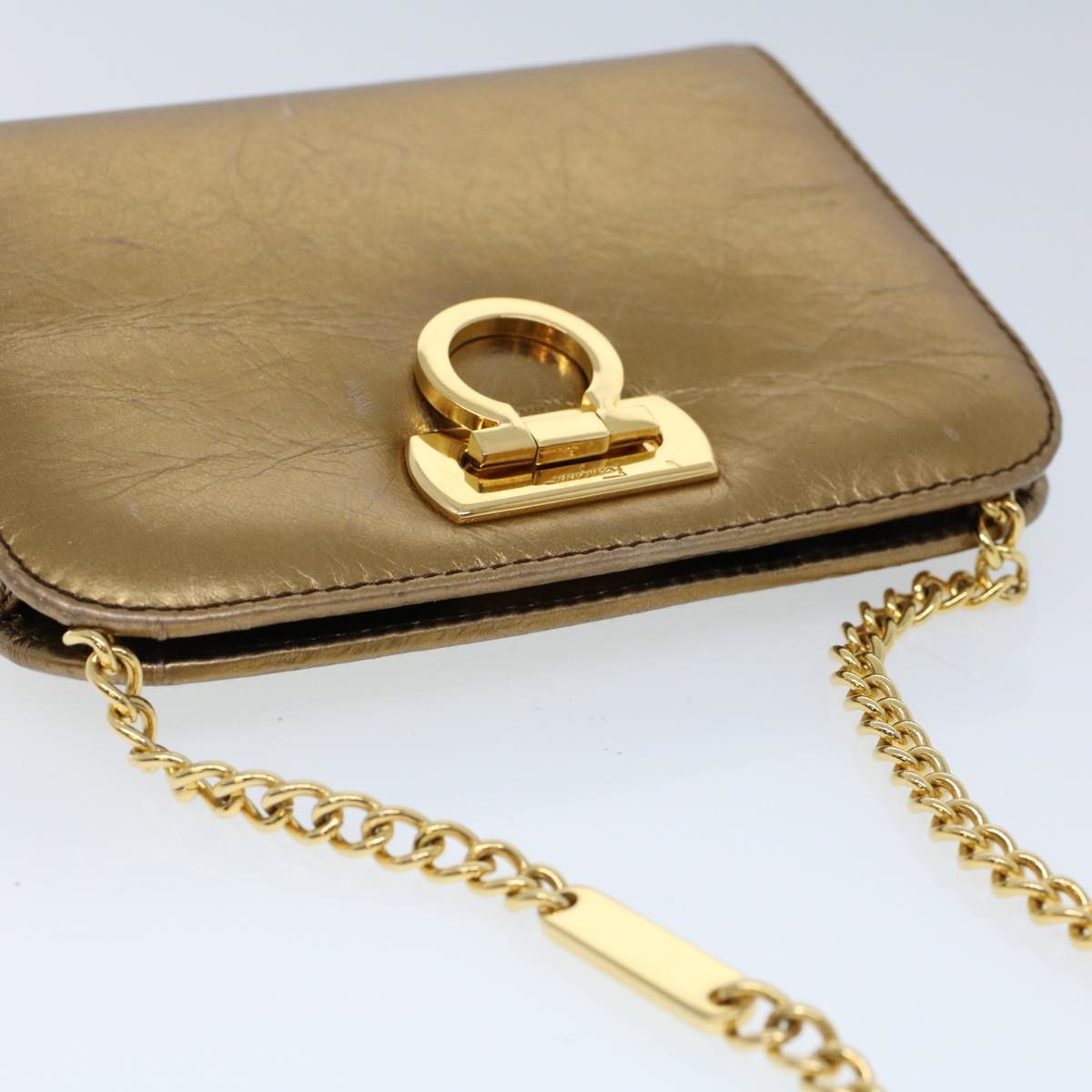 Salvatore Ferragamo Vintage Gancini Chain Shoulder Bag Leather, GOLD, LEATHER, Shoulder bag