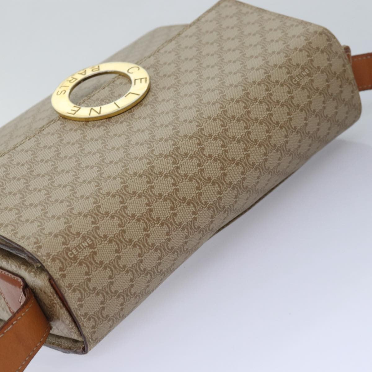 Celine Vintage Macadam Circle Logo Shoulder Bag Canvas and Leather, Beige, Canvas, Shoulder Bag