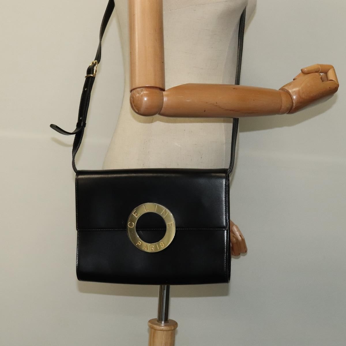Celine Vintage Circle Logo Crossbody Bag Leather, BLACK, LEATHER, Crossbody bag