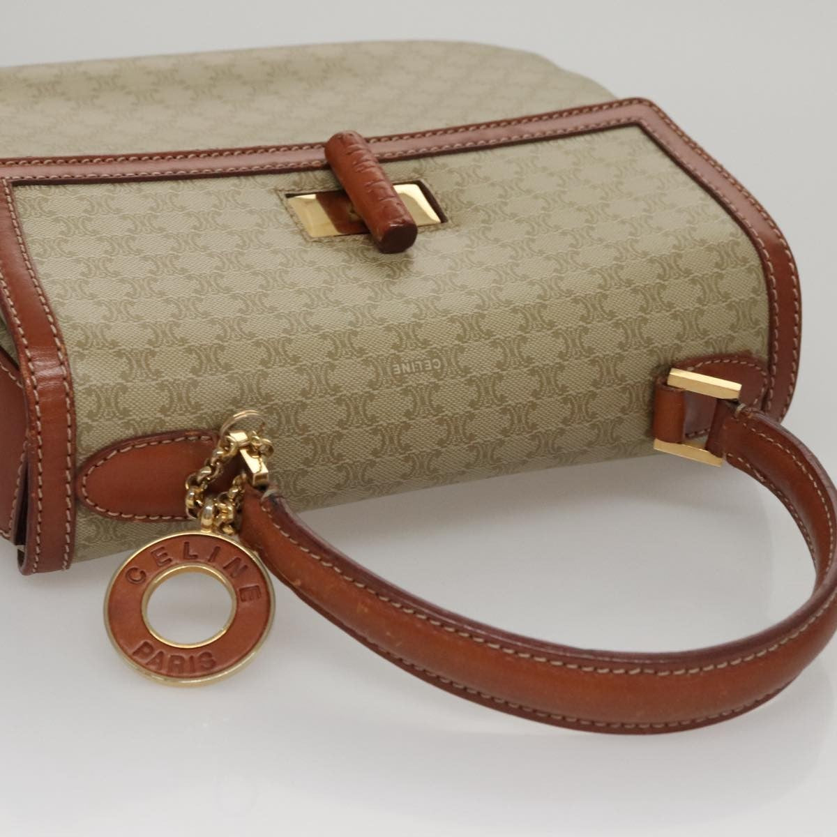Celine Vintage Convertible Top Handle Bag Macadam Coated Canvas, BEIGE, CANVAS, Handbag