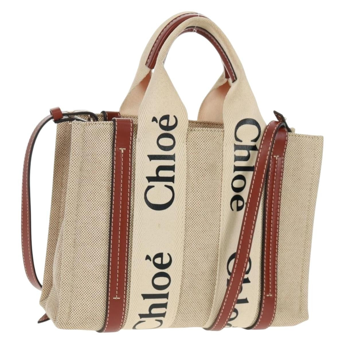 Chloe Woody Convertible Tote Canvas with Leather, BEIGE, CANVAS, Tote bag