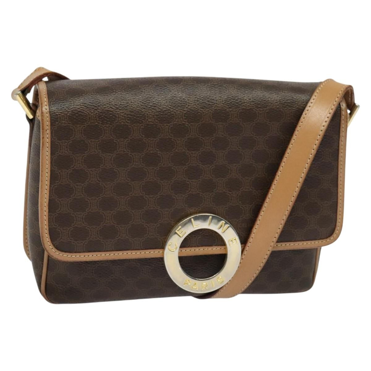 Celine Vintage Macadam Circle Logo Shoulder Bag Canvas and Leather, BROWN, CANVAS, Shoulder bag