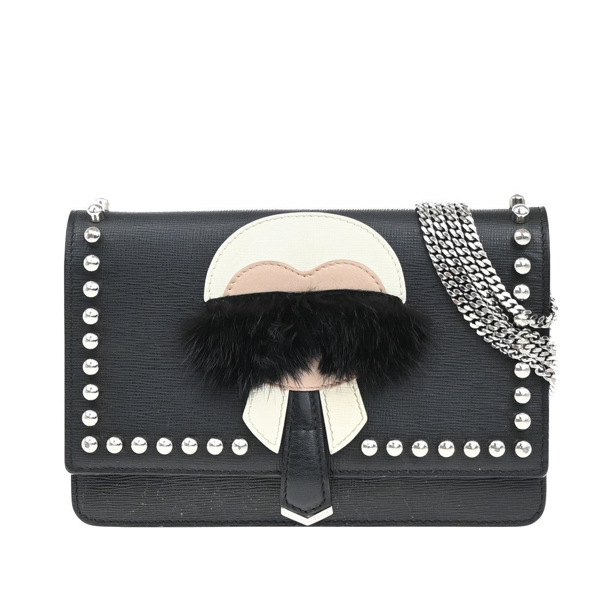 Fendi Karlito Wallet on Chain Studded Saffiano Leather, Black, Leather, Shoulder Bag