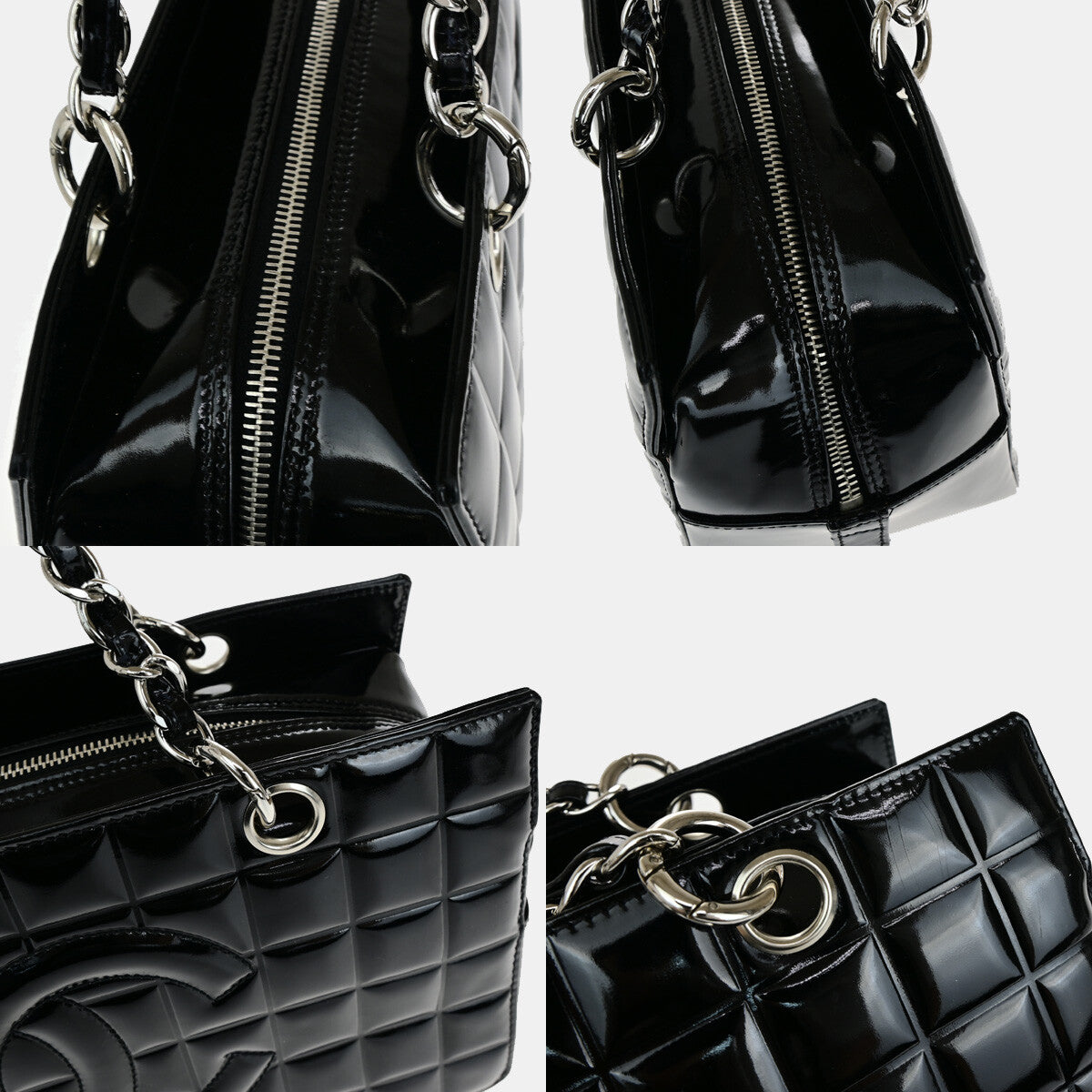 Chanel Chocolate Bar CC Zip Tote Quilted Patent, BLACK, PATENT_LEATHER, Shoulder bag
