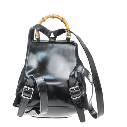 Gucci Vintage Bamboo Backpack Nylon and Patent Leather, BLACK, NYLON, Backpack