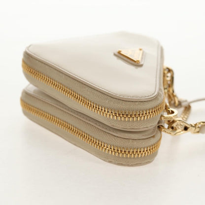 Prada Triangle Double Zip Pouch Bag with Chain Patent leather, BEIGE, PATENT_LEATHER, Clutche & pouche