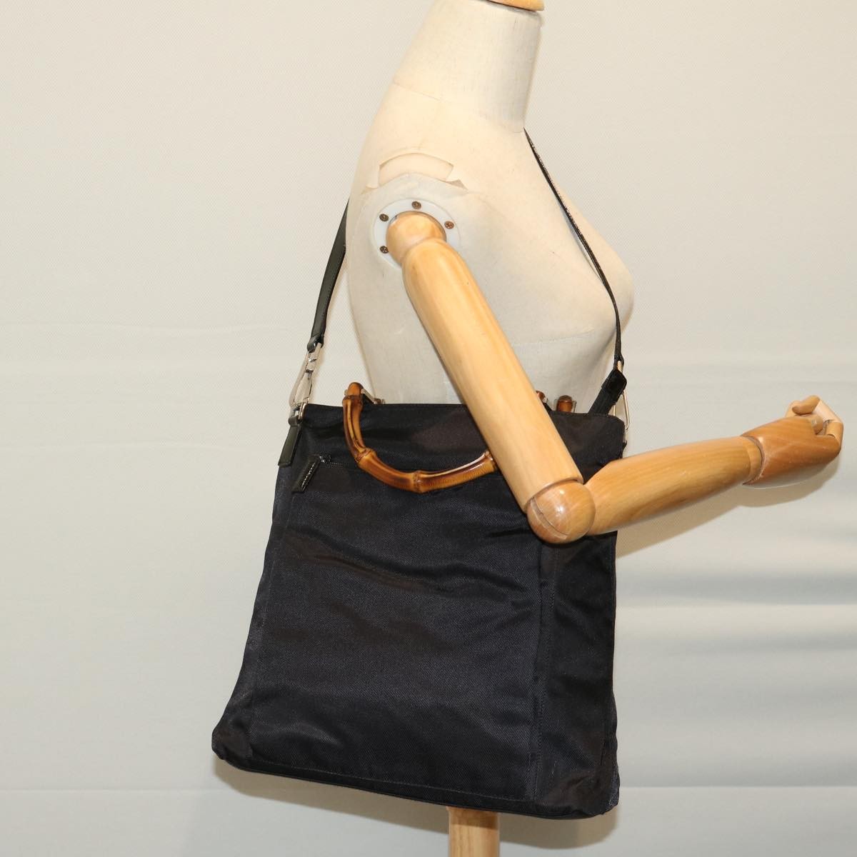 Gucci Vintage Bamboo Handle Bag Nylon, Black, Nylon, Tote Bag
